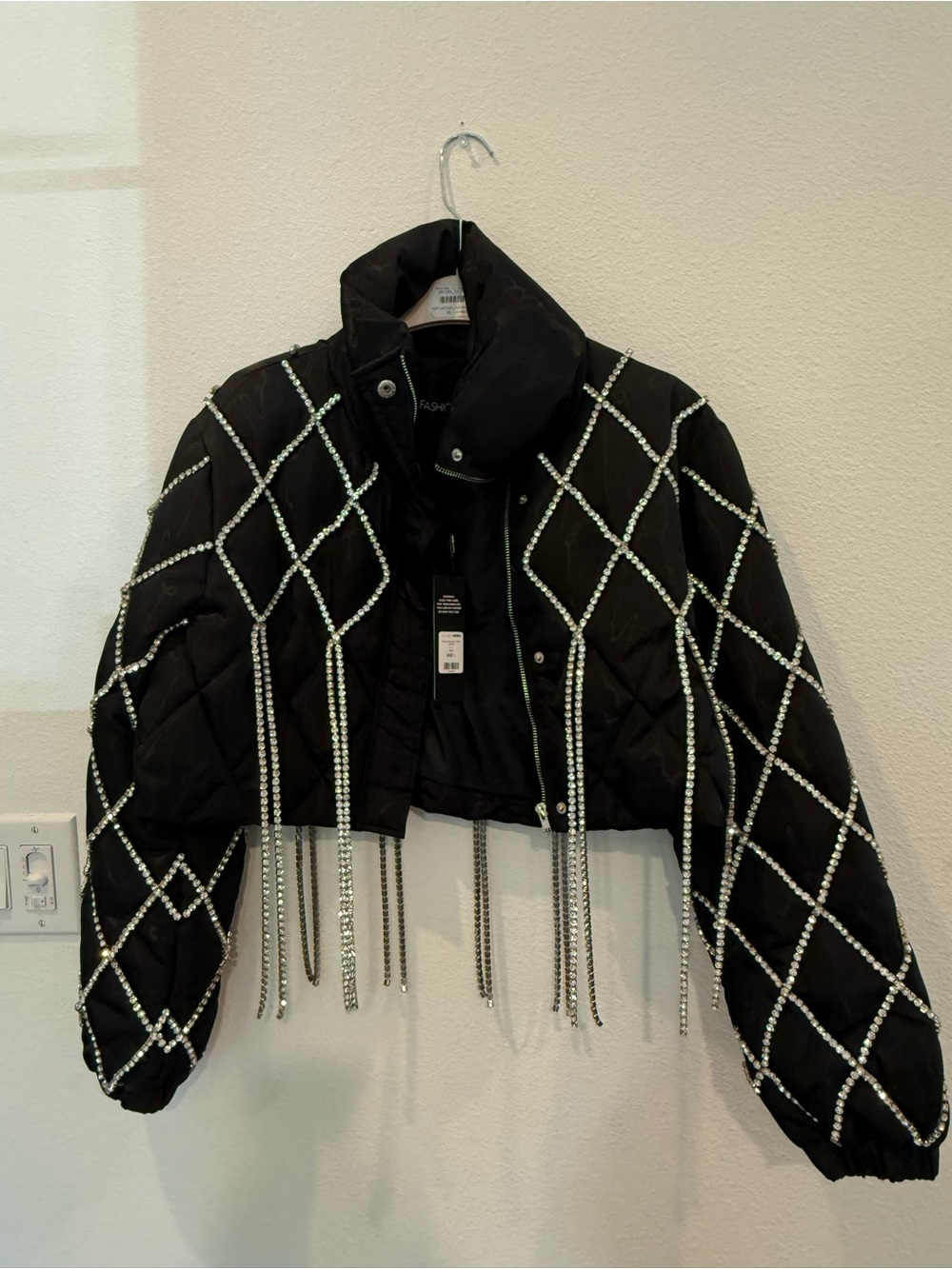 Fashion Nova Black Cropped Puffer Jacket with Crystal Fringe